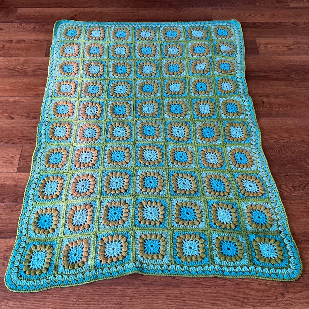 Handmade Crochet Granny Square Throw Blanket Blue Green Brown Boho Afghan 46x62